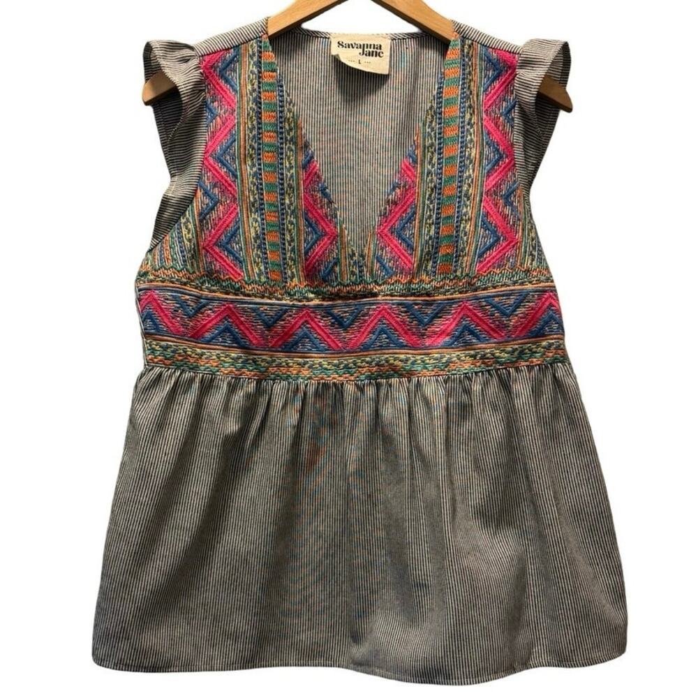 Savanna Jane Gray Pinstripe Top with Pink & Blue Embroidered Accents